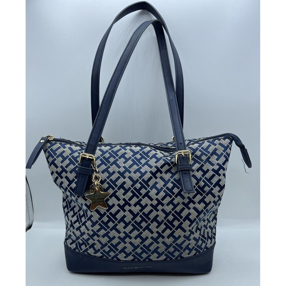 Tommy Hilfiger Womens Purse Tote Zip Shoulder Bag Shopper Handbag Monogram Blue